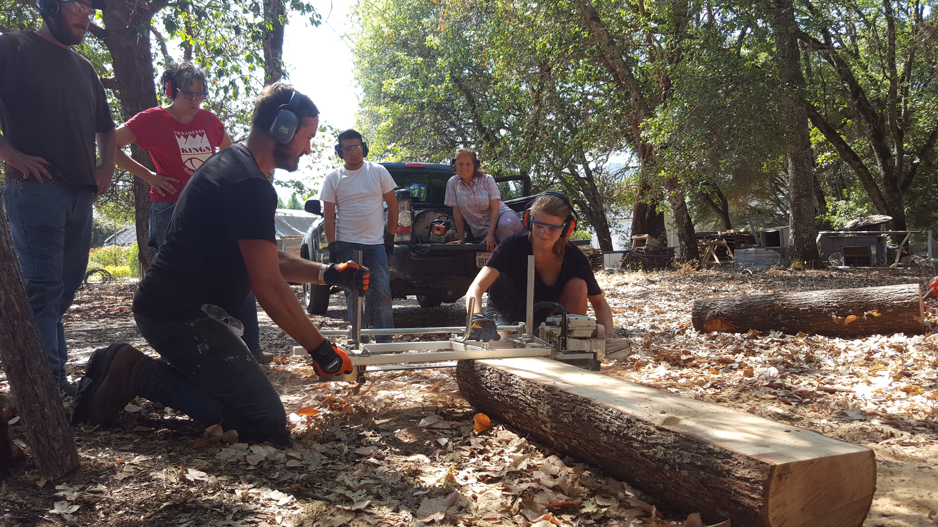 two students work together to saw a log