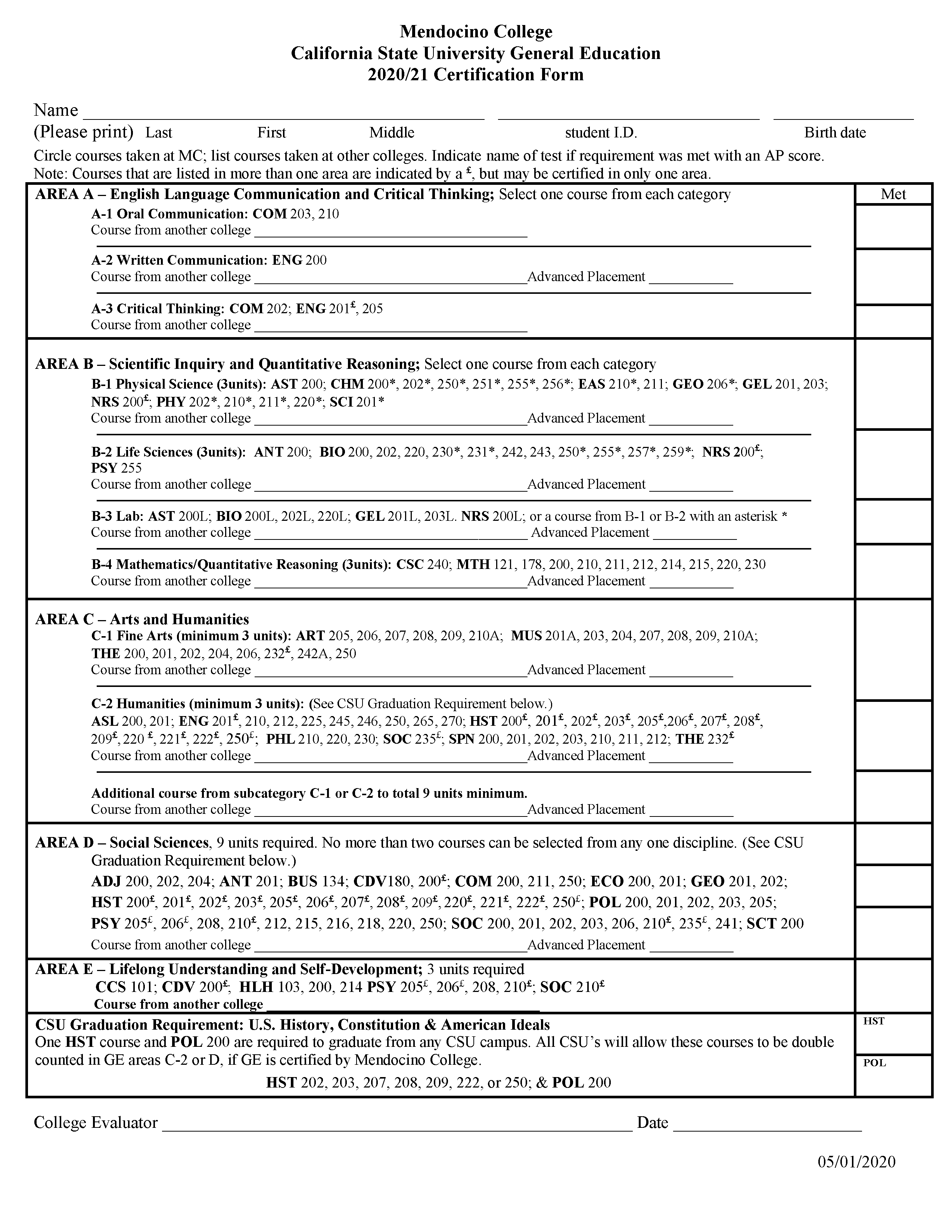 CSU General Education Transfer Requirements Worksheet Mendocino College