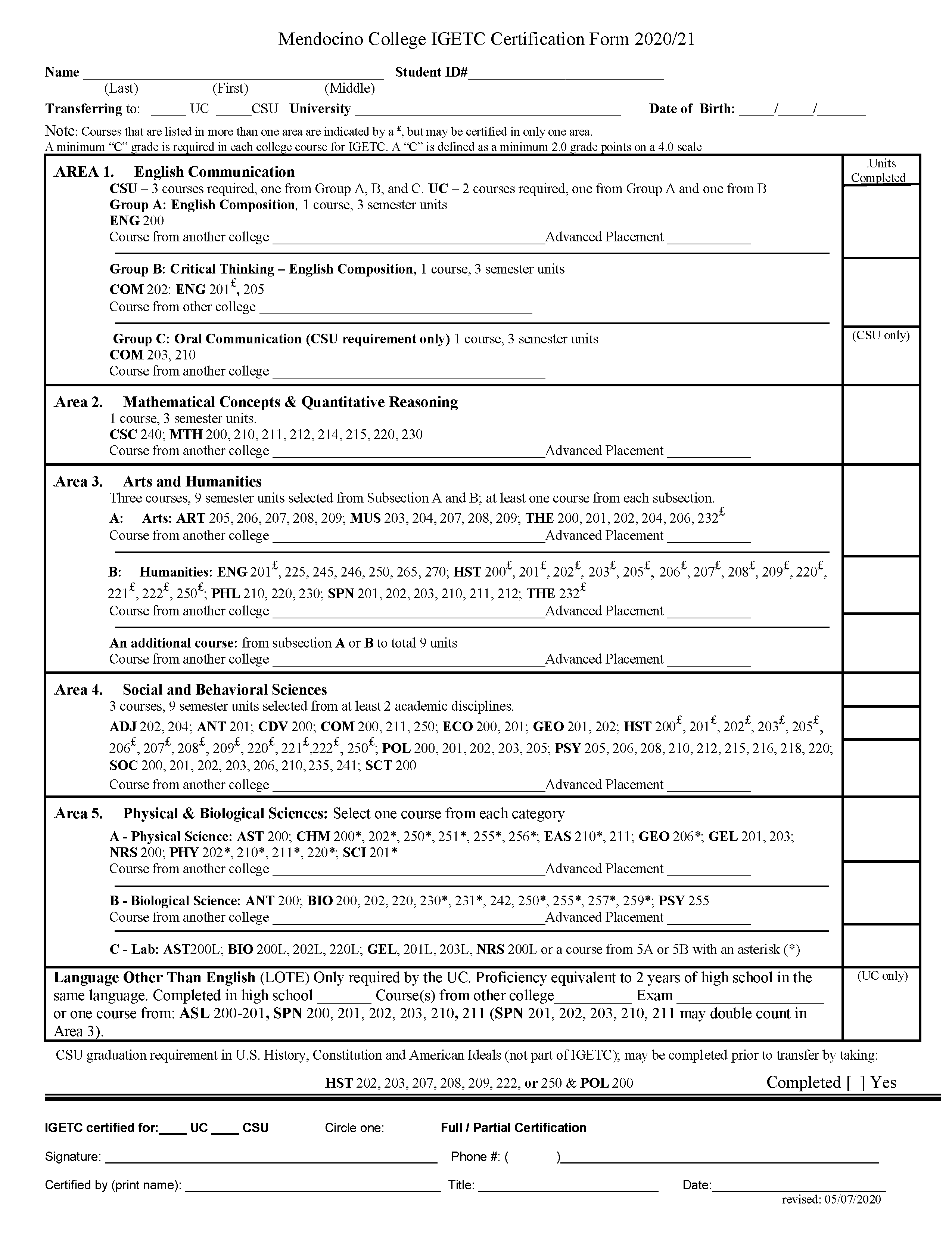 Intersegmental General Education Transfer Curriculum (IGETC) Worksheet | Mendocino College