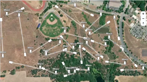 Map showing baseball field and the disc golf holes.