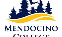 mendocino college logo with blue and gold trees and mountain