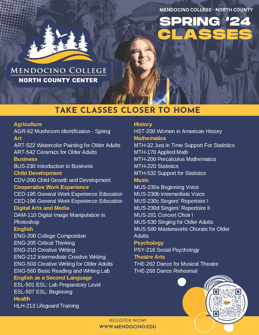 Flyer with list of classes for Spring 2024 for the Mendocino College North County Center